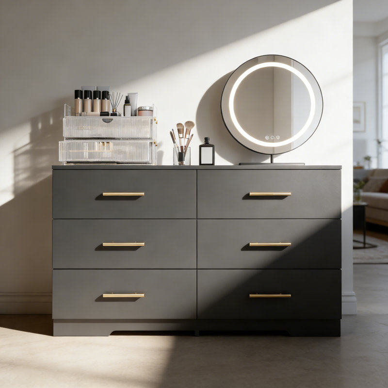 Grande commode 6 tiroirs de couleur noire avec poignée dorée, Noir