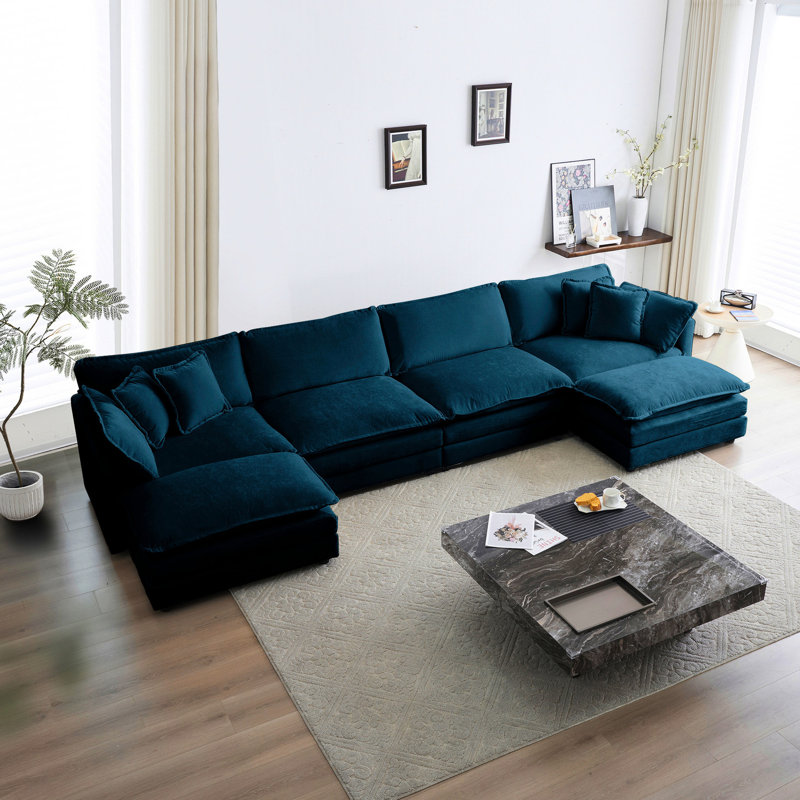 Canapé modulaire rembourré avec méridienne réversible et double repose-pieds supplémentaire en chenille bleue pour le salon