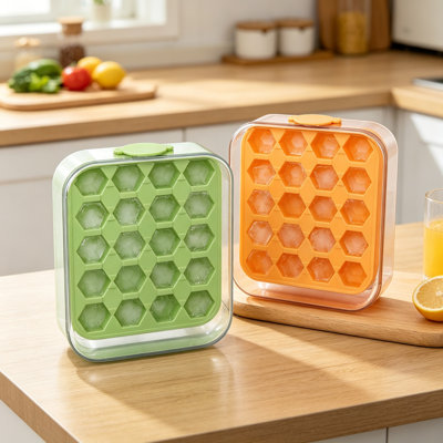 2 Pack Silicone Ice Cube Trays with Lids, Spill-Proof Stackable Freezer Design, Sturdy Reusable Ice Trays, 20 Cubes Per Tray, Honey Shade