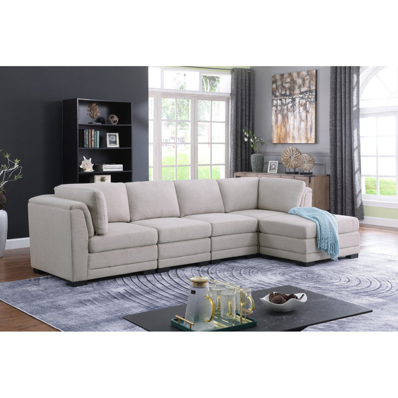 Canapé modulaire réversible en tissu de lin avec repose-pieds Modern, H 33,05 po x l 121,55 po x P 61,05 po