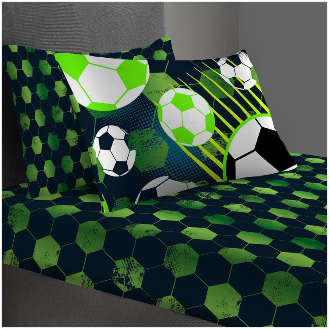 Kids Football Fun Fitted Sheet Set Polycotton Bedding with Pillowcase Elasticated Edges Secure Fit Soft Breathable Easy Care Durable