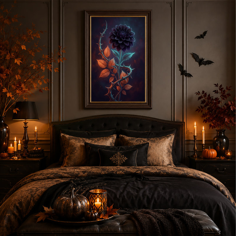 Tableau mural sur toile représentant un dahlia violet foncé à tige épineuse et motif d'Halloween, H 18 po x l 12 po