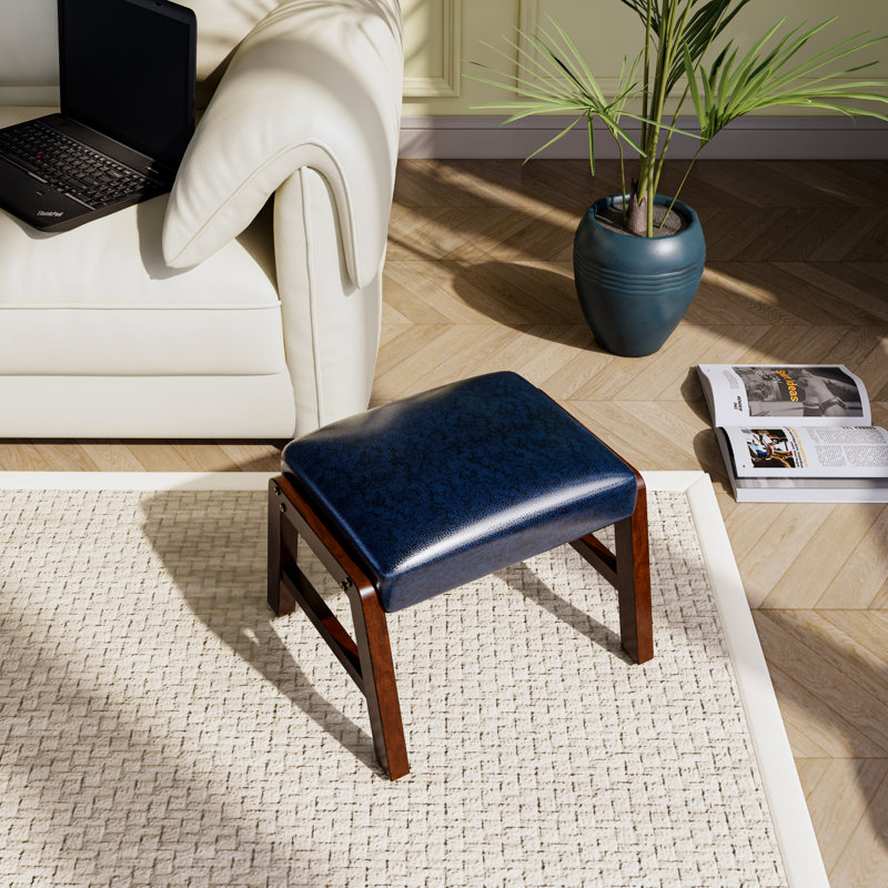 37cm Wide Faux Leather Solid Colour Footstool Ottoman, Blue