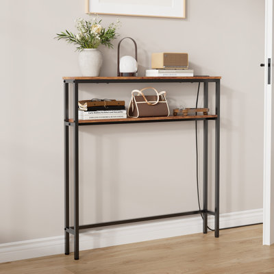 Narrow Console Table with Power Outlets, 2-Tier Sofa Table with Metal Frame & Shelves, Slim Behind Couch Entryway Table for Living Room & Hallway