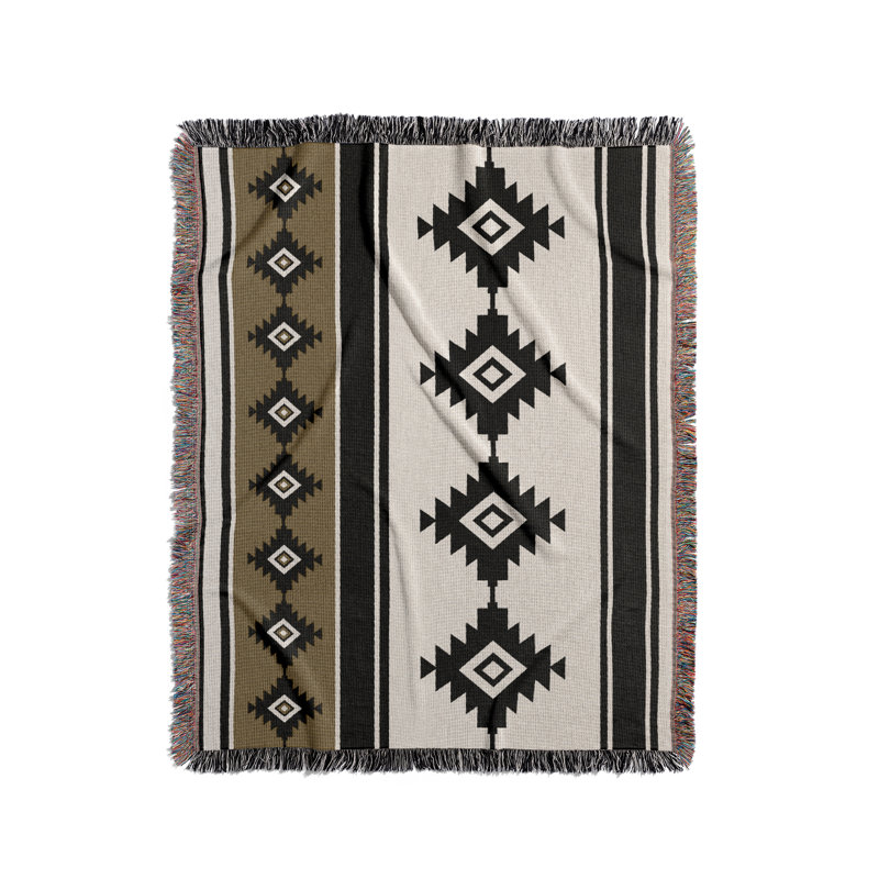 Couverture en mélange de coton Carlos South Western, L 70 po x l 50 po, Noir / blanc cassé / or terne