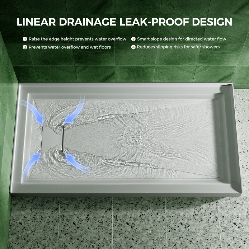 VEVOR 60" x 32" White Acrylic Shower Base, Left Drain, Non-Slip Surface, 3 3/8" Low Threshold, Center-to-Left Drain Placement, X-Type Sloped Design for Efficient Water Drainage