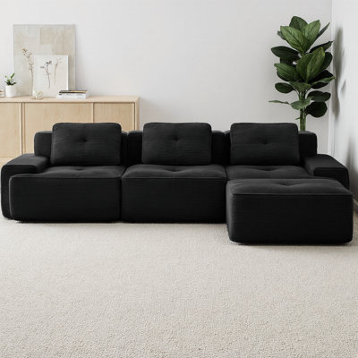Canapé modulaire en forme de L de 117 po avec repose-pieds mobile, canapé 3 places en velours côtelé de qualité supérieure avec assise profonde, conception capitonnée et base antidérapante sans assemblage