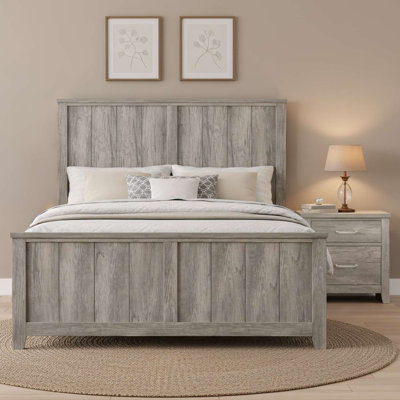 Ensemble de chambre avec très grand lit 2 pièces avec lit en bois gris vieilli et table de chevet avec rangement de tiroir