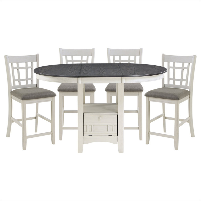 Ensemble de salle à manger 5 pièces à hauteur de comptoir Traditional - Table sur pied extensible avec base de rangement et 4 chaises rembourrées