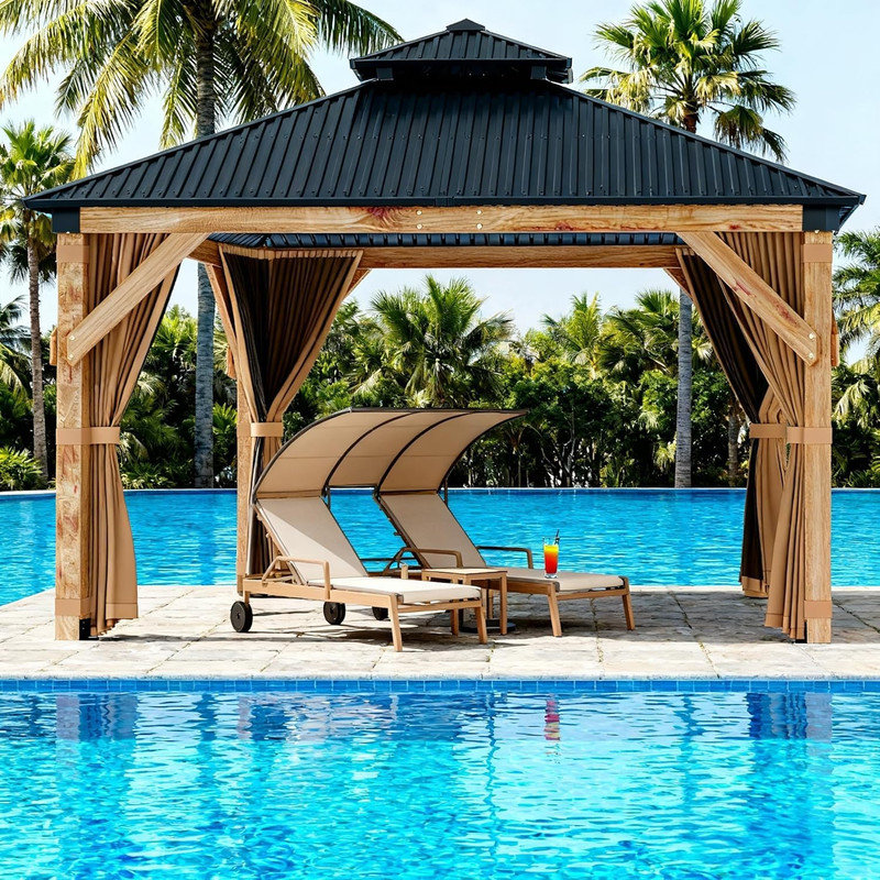 Pergola en bois avec toit en épinette, toit en acier double, filet et rideaux pour patio, jardin, terrasse