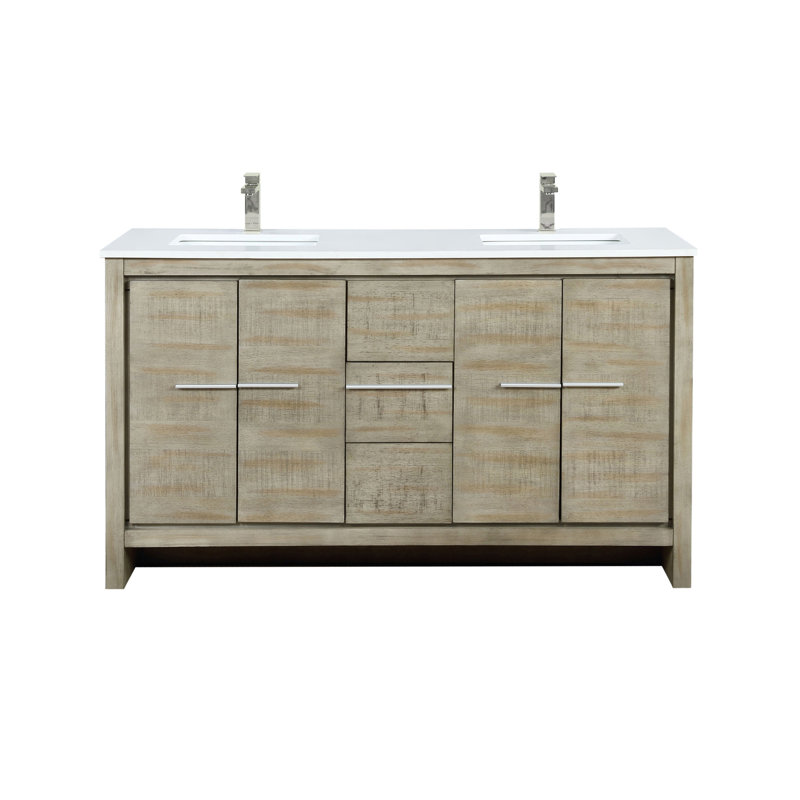 Rustic Acacia Double Bath Vanity 60 In. W X 20 In. D, White Quartz Top And Brushed Nickel Faucet Set, Acacia Wood