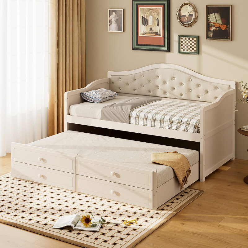 Daybed With Trundle, Daybed With 2 Storage Drawers, Wooden Sofa Bed With Upholstered Button Tufted Backrest For Living Room, Bedroom, Guest Room
