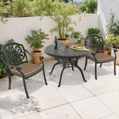 3-Piece Cast Aluminum Bistro Dining Set,39.37" Round Table with Umbrella Hole & 2 Stackable Chairs with Brown Cushions