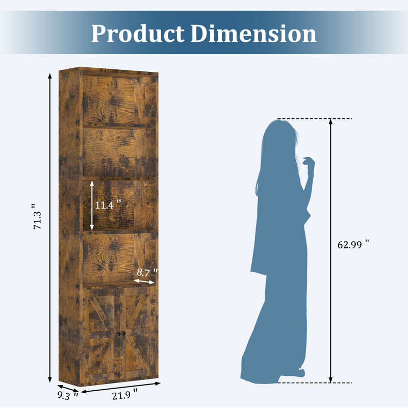 Tall Storage Bookcase With Doors, Freestanding Display Shelf For Living Room, Bedroom Or Office, Brown