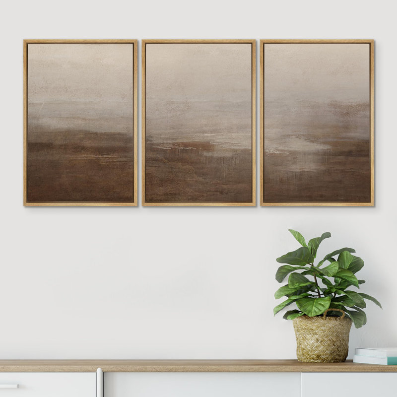 "Abstrait brumeux, paysage moderne, minimaliste, beige et brun, nature sauvage" - 3 pièces, Naturel, H 36 po x l 24 po