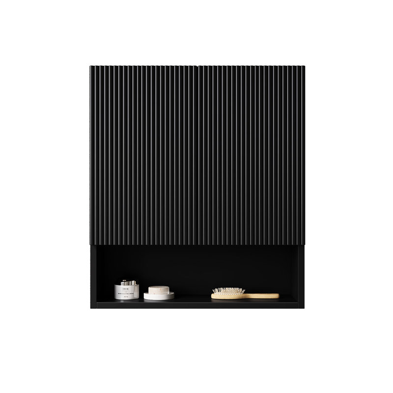 Armoire de 26 po pour salle de bain, cuisine, buanderie, avec portes, tablette et rangement noir au-dessus du compartiment de toilette