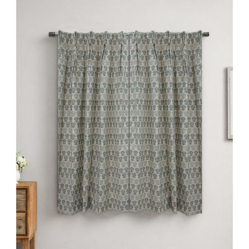 Floral Block Print Linen Pleated Curtain – Surajmuki Gray Floral Light Filtering Window Curtain, 27" W X 36" L