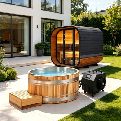 Baignoire profonde en cèdre rouge 51,96 po avec doublure en acier inoxydable, refroidisseur externe et escabeau en bois pour la récupération et le bien-être