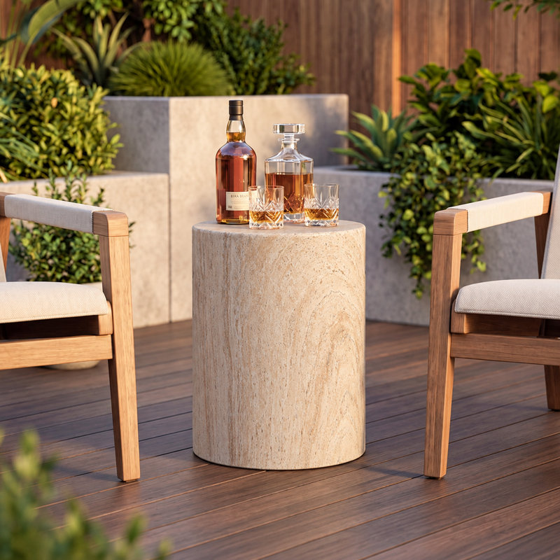 Table d'appoint d'extérieur en béton léger, table de bout d'extérieur cylindrique lisse, petit tabouret de jardin moderne pour patio, cour arrière, travertin tacheté