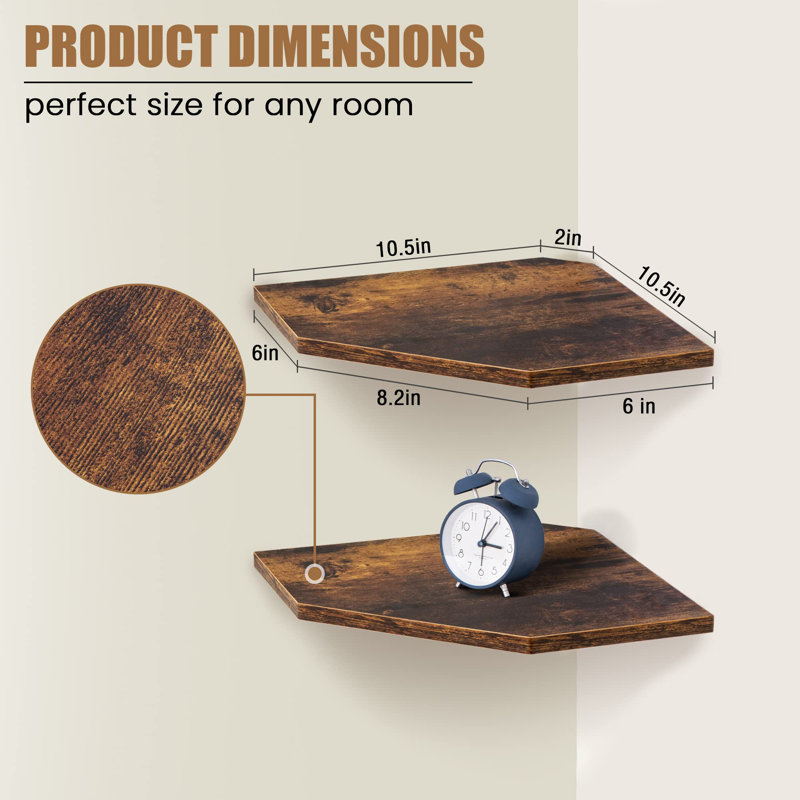 Tablette de coin murale, tablettes de coin flottantes, ensemble de 2 tablettes de rangement en coin, présentoirs muraux en bois rustique pour salon, chambre, salle de bain, cuisine, brun rustique