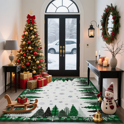 Tapis de Noël flocon de neige et arbre, lavable à la machine, antidérapant, à poils courts