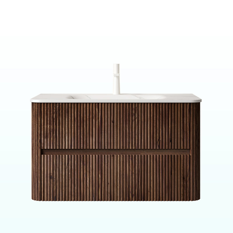 Meuble-lavabo 36 po, armoire de rangement en contreplaqué à rayures flottantes avec 2 tiroirs, lavabo rectangulaire intégré en pierre frittée blanc chaud Carrara, pré-assemblé, couleur bois de noyer rétro