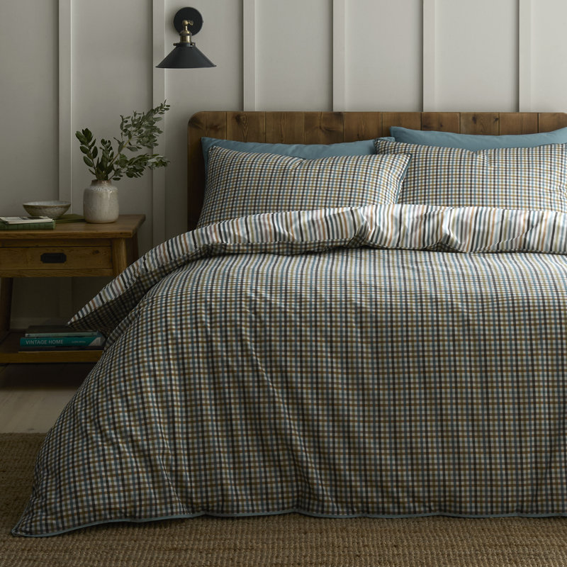 Micro Check Cotton Striped Duvet Cover Set, King Size Bed (230 x 220 cm)