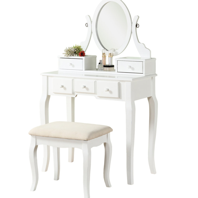 Ensemble de coiffeuse et tabouret en bois, blanc, 5 tiroirs pour cosmétiques et paire de miroirs ovales réglables