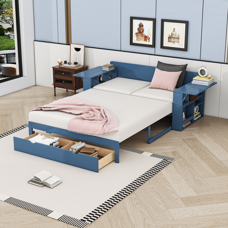 Lit de jour en bois avec bureau amovible, tiroirs de rangement et tablettes, Complet/Double, Bleu