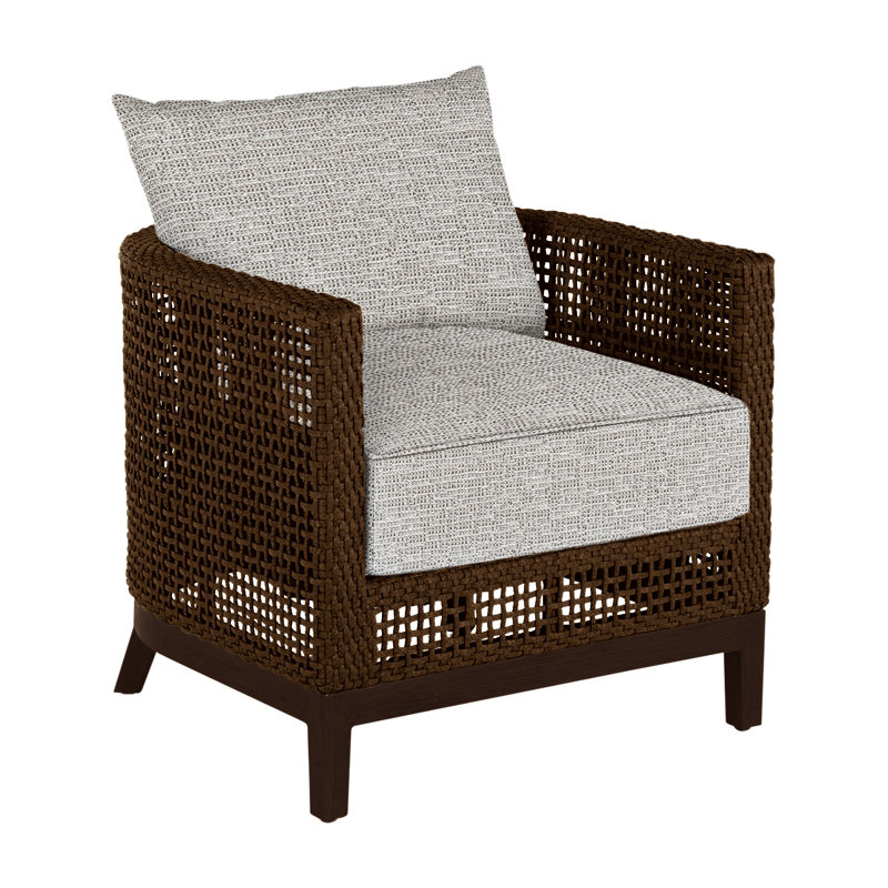 Fauteuil demi-tonneau d'extérieur en résine et en osier Peninces N-Dura, Acajou / châtaignier, Welt + bourre standard