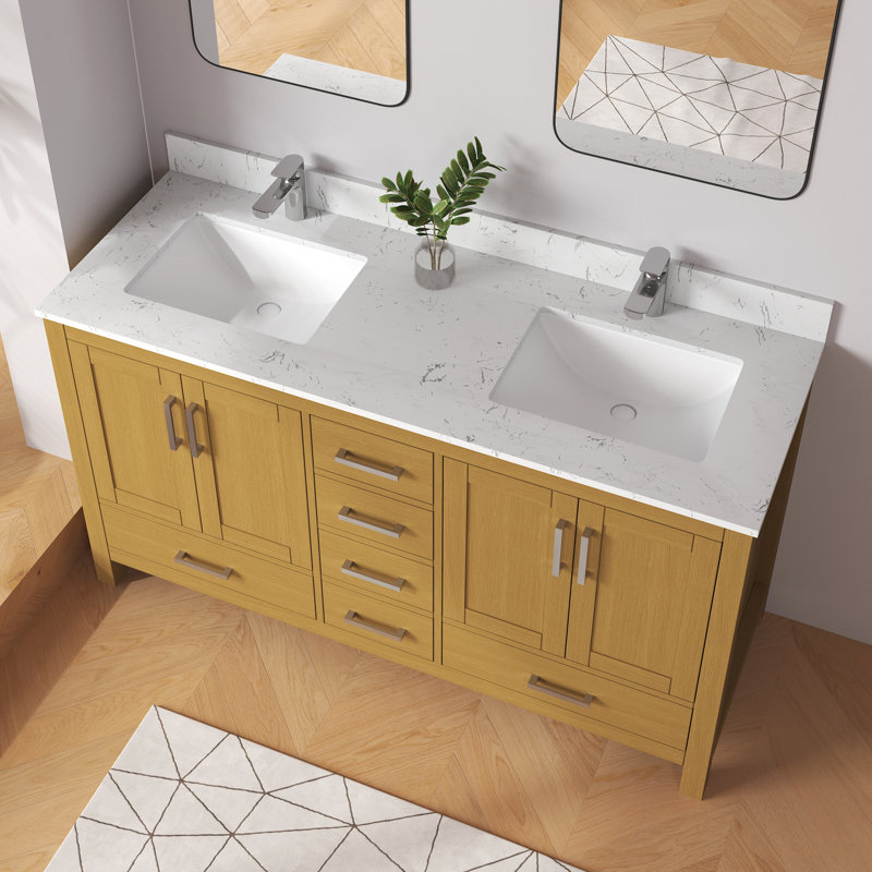 Aura 60'' Fully Assembled Single Bathroom Vanity Set With Solid Surface Engineered Marble Top and Backsplash, Oak, 60"