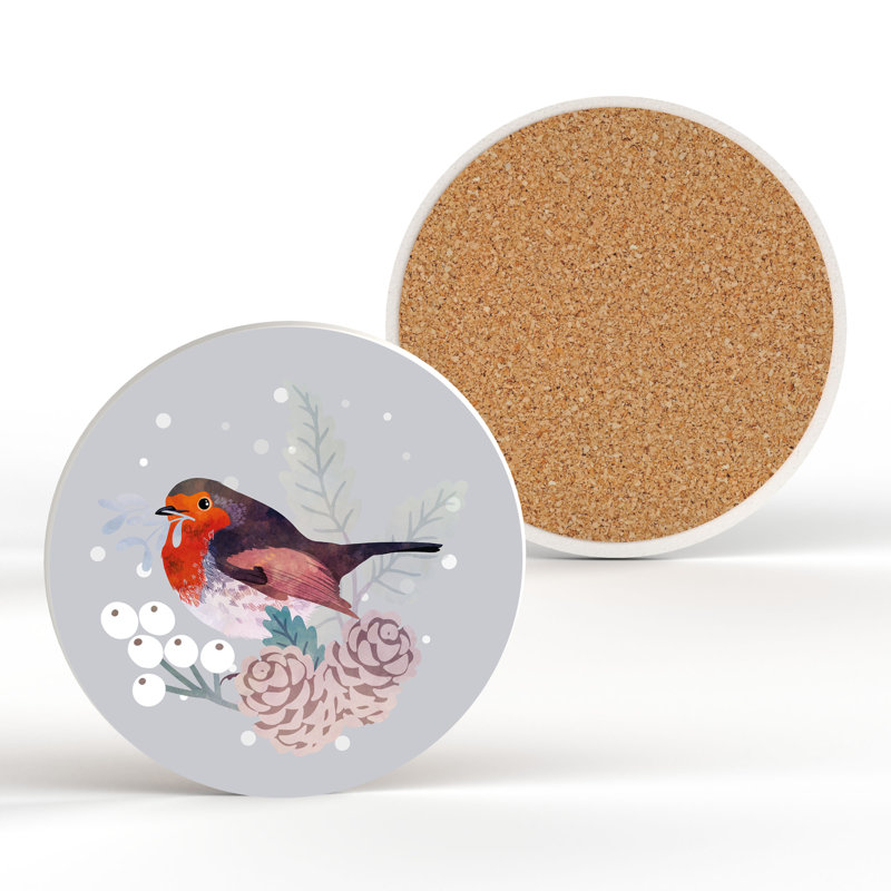 Festive Robin In Foliage Christmas Ceramic Round Coaster