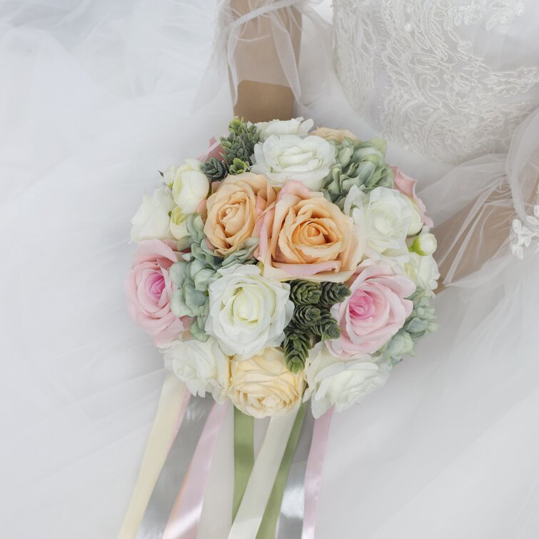 Faux White Rose and Peach Orchid Bridal Bouquet