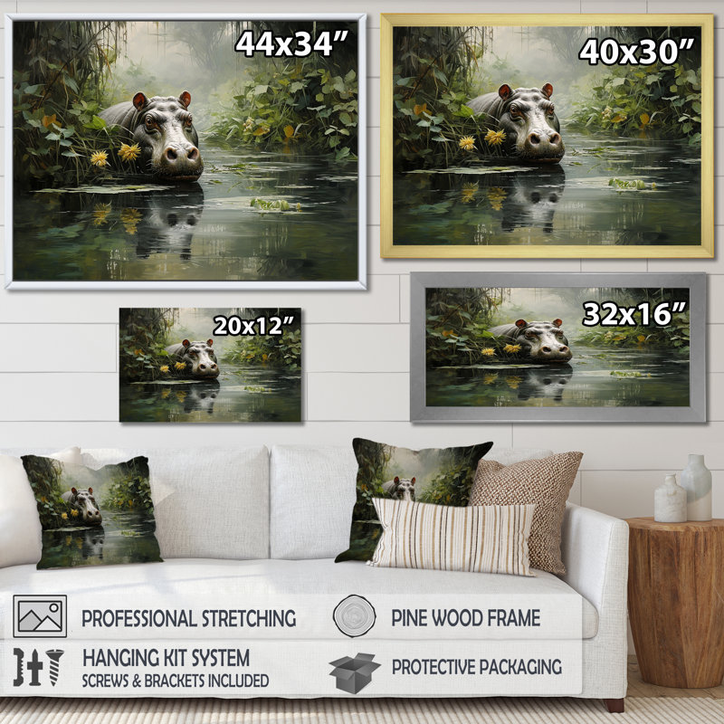 Hippopotame secret hippopotame 2 - art mural hippopotame, Cadre d'angle fermé doré, H 24 po x l 32 po x P 1 po