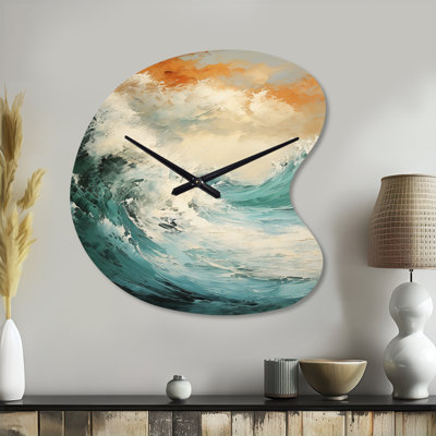 Modern Coastal Blue And Gold Wave - Unique Shape Ocean Metal Wall Clock, Asymmetrical Metal Wall Clock Print