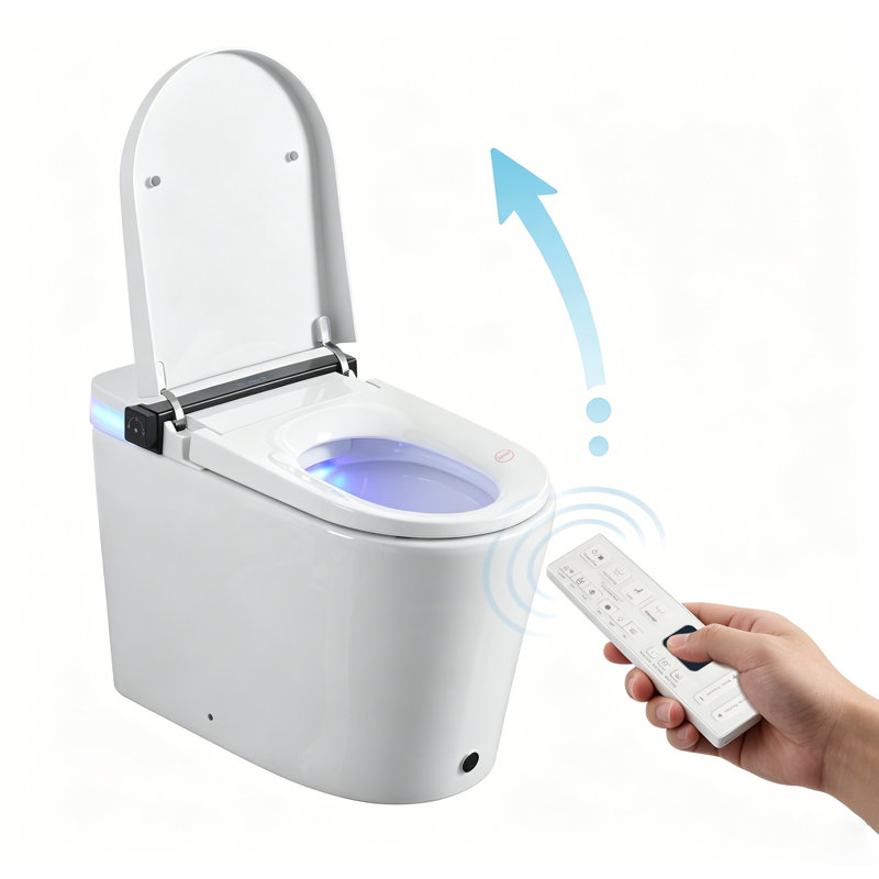 Toilette allongée intelligente avec bidet intégré, ouverture / fermeture automatique, capteur de pied et technologie de bouclier en mousse