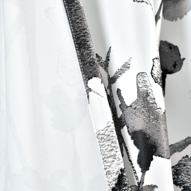 Zuri Floral Gray and White Polyester Room Darkening Curtain Pair