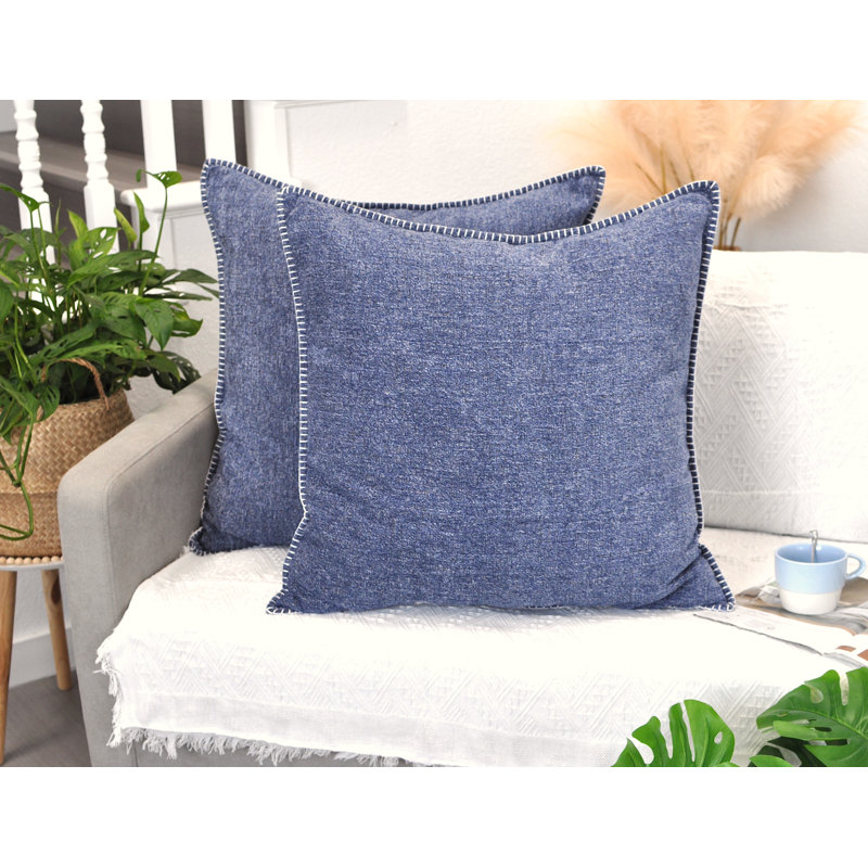 Navy Blue Chenille Square Throw Pillow Covers with Piped Edges (Set of 2)