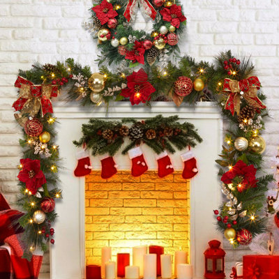 9'' in. Lighted Faux Poinsettia, Berry Garland