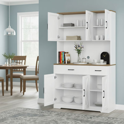 White Kitchen Storage Cabinet, Freestanding Floor-Standing Unit With Integrated Charging And Adjustable Shelves, Multi-Functional Charging And Storage Cabinet For Dining Room.