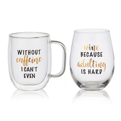 Novelty Double-Wall Coffee Mug & Stemless Wine Glass Set