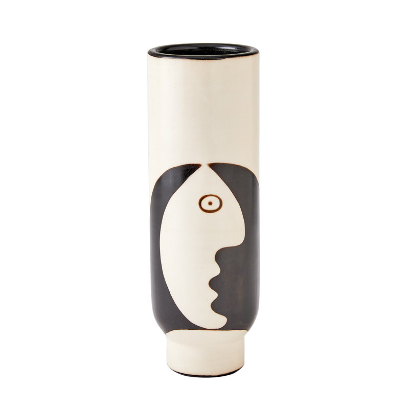Simple Face Handmade Ceramic Table Vase, Natural/Black