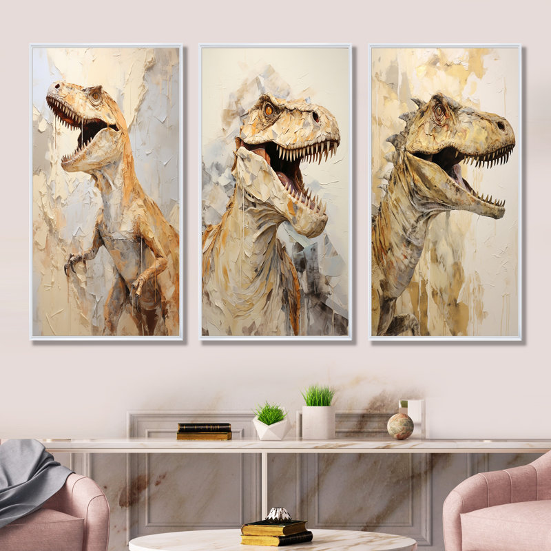 «Dinosaur T Rex Supreme», ensemble de 4 reproductions d'art sur toile, Cadre flottant blanc, H 28 po x l 36 po