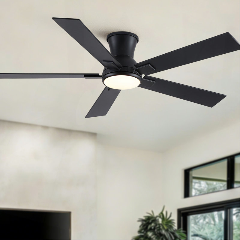52" Matte Black Modern Low Profile Flush Mount Intergrated LED Ceiling Fan with Light and Reversible Quiet Motor, Matte Black