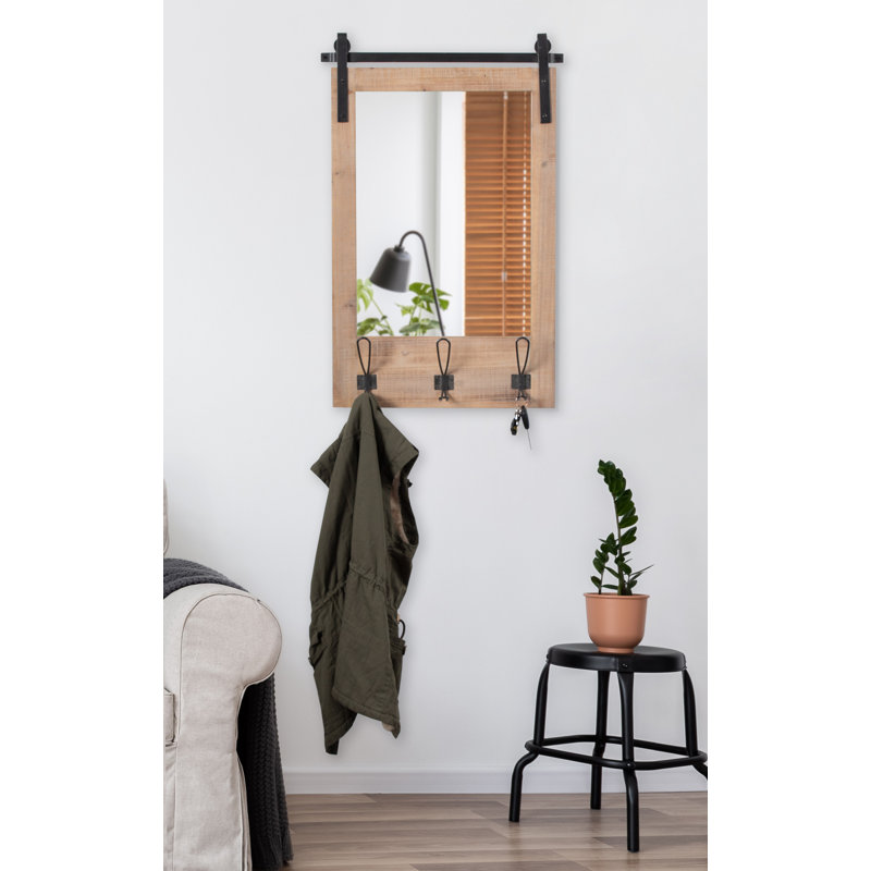 Enora Flat Mirror with Hooks, Rustic Brown