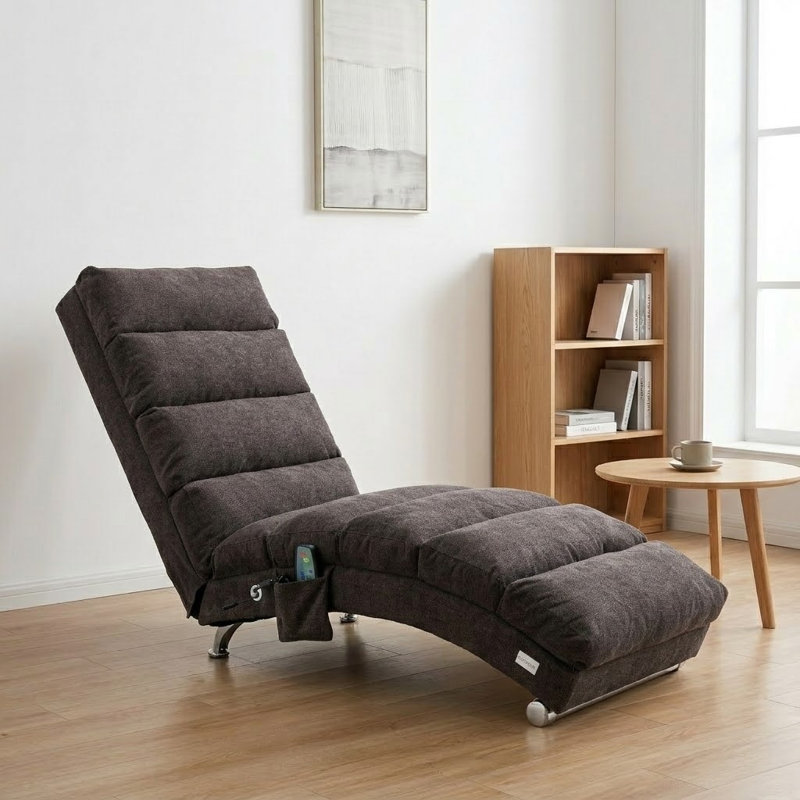 Chaise longue d'intérieur rembourrée avec 5 modes de massage électrique ergonomique télécommandé, 100 % lin noir