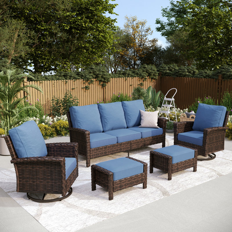 Nadilee Premium All-Weather Wicker 5 - Person Patio Conversation Set with Cushions, Light Gray