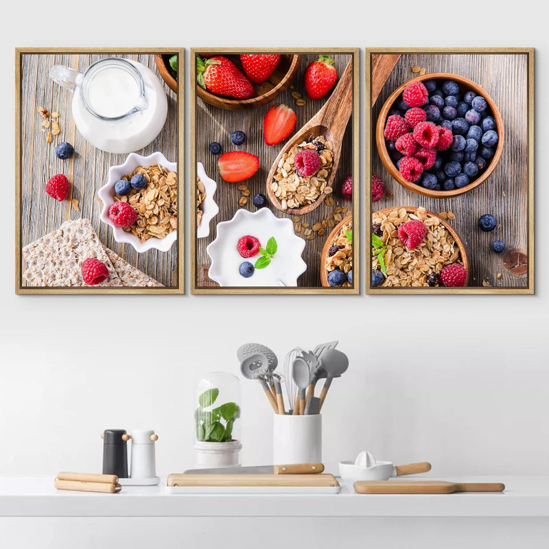 Petit déjeuner avec décoration murale moderne muesli, baies, pain frais et yogourt, Cadre naturel flottant, H 36 po x l 72 po