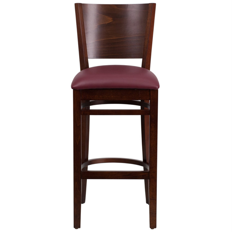 Claridge Solid Back Wooden Restaurant Barstool, Vinyl-Burgundy, Walnut, 1