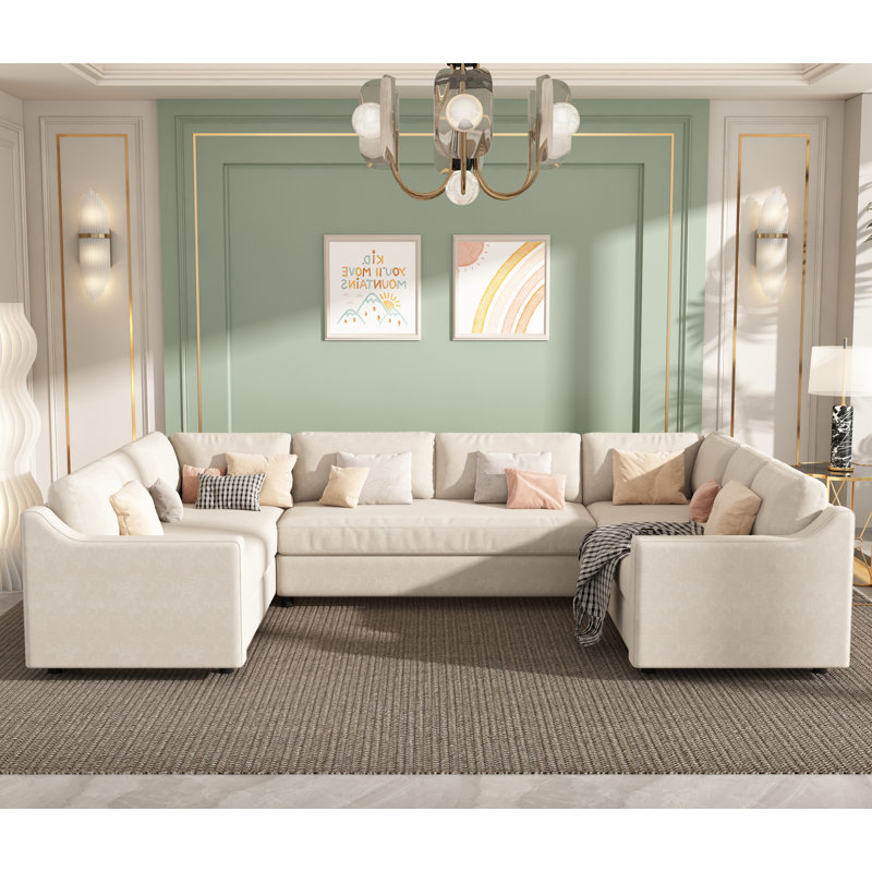 3 Pieces Upholstered U-Shaped Large Sectional Sofa With Thick Seat And Back Cushions, Beige